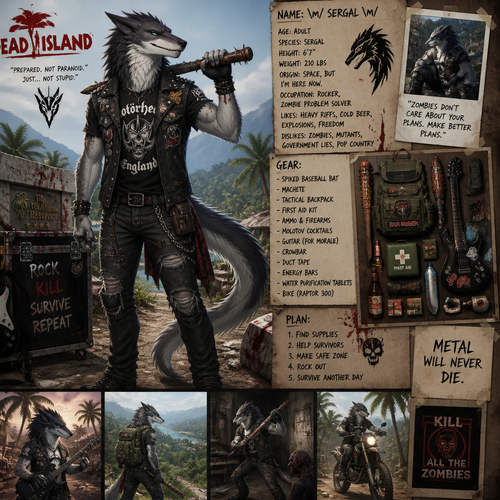 A well-made adult Sergal character that loves rock and roll and metal who’s been preparing on a zombie apocalypse, Dead Island.