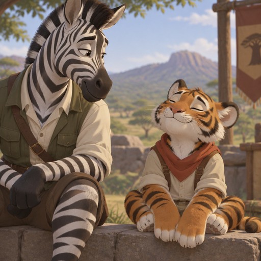 A male zebra looking at a young tiger who has his eyes closed