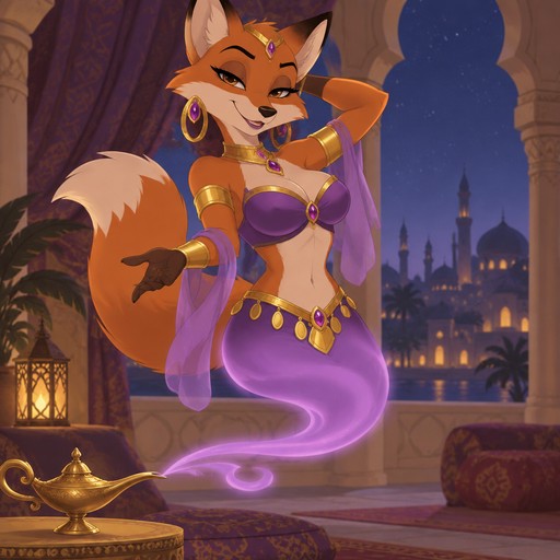 A female anthropomorphic fox genie, animated style
