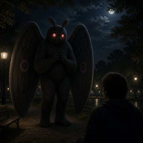 A friendly fuzzy Mothman that looks attractive and means no harm while spotted a human at night in a middle of a park.