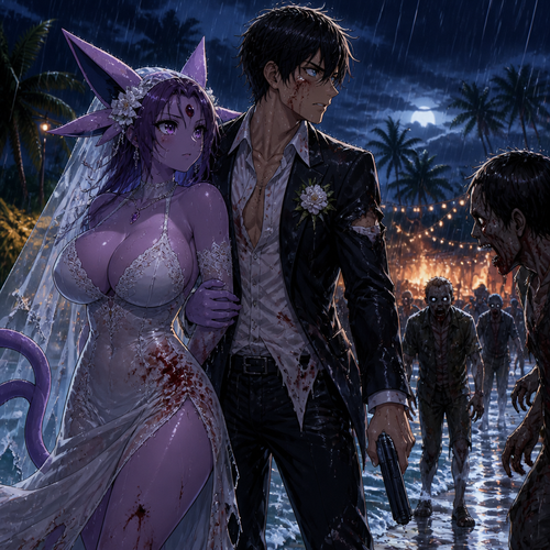 In this reality, at the wedding right before everything was perfect but then after the zombies came crashed and ruined the party became a blood bath. A busty adult female Espeon the bride and her adult human groom as husband and wife stand bye side together and face the living dead at night. A well-made anime version. A modern life. On a tropical island. Gotten all wet by the rain. Front/side view. Love and support each other.