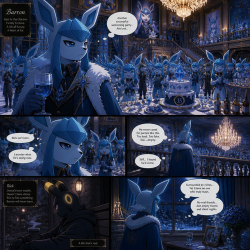 A very wealthy Glaceon (the male Barron) that wonders about a non-rich grown Umbreon male character (named Rick) who’s not around in his welcoming party. There were cakes and snacks also booze on each table. A well-animated version. All Glaceons. Inside the mansion. Has no real friends.