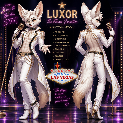 A well-made white furred fennec Fox male, wears something attractive for entertainment for a show by self to dance/sing. Wears eyeliner and lipstick. Has a bushy tail. A grown femboy anthro. A star in Las Vegas. Well groomed. Front/back view. Animated verse.