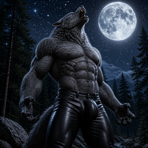Male grey werewolf wearing black leather pants. Has a huge bulge. It is nighttime in a forest with a full moon in the night sky with stars brightly shining in the sky. The werewolf is howling at the moon.