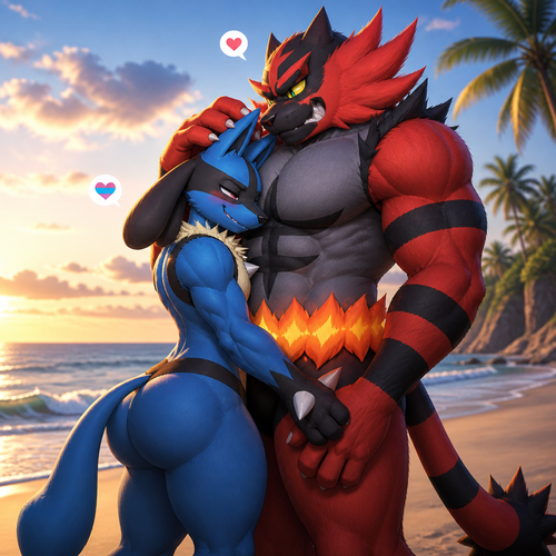 A male Lucario at the beachfront. Friendly and Gay. Well-made version. Side view. Has thick thighs and large buttocks. Loved by an alpha male, incineroar. 