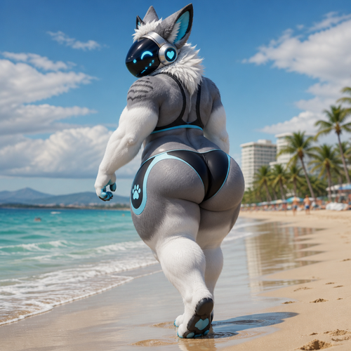 A well-made fluffy gay Protogen male character. Has thick thighs and a big round buttocks. Wears a swimsuit. Has no tail. Walking around the beach.