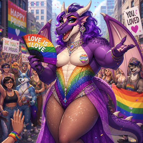 A beautiful adult anthro Dragon male as a drag queen with thick thighs and makeup on today’s pride day in a city parade. So friendly and supportive. Animated verse. Humans and anthros.