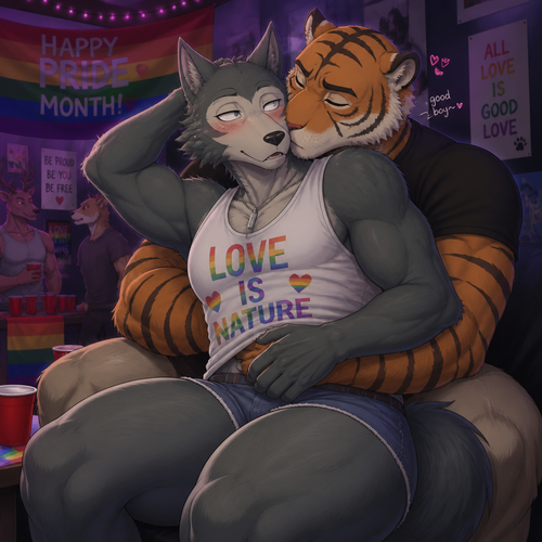 Legoshi the grown Wolf is celebrating at today’s pride month at the college party. Has thick thighs and big butt. Wears shorts and a necklace. Being cuddled by Bill the tiger. Getting some kisses in a cheek. 