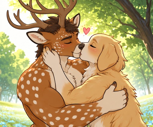 Cartoon deer and dog embracing in a sunny forest, with a floating heart.