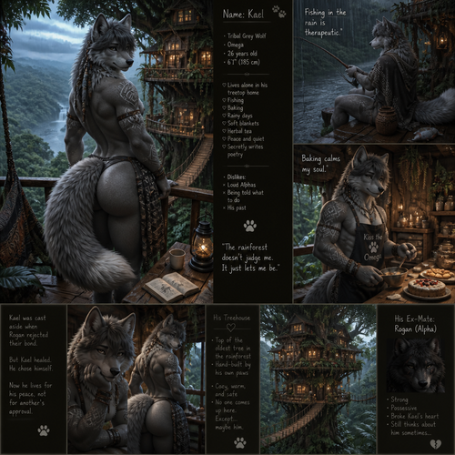 A well-made femboy grown male character, a tribal grey wolf omega that has thick thighs, wide hips, and big fuzzy butt also has fluffy neck included bushy tail who lives on top of a treehouse alone who also likes to go fishing and baking while in a middle of a rain forest from above who also an alpha male’s ex-mate.