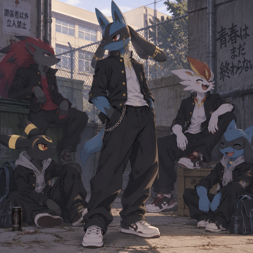 A high school aged male Lucario dressed as a Japanese bad boy with gold piercings on his ear and aura feelers. He is hanging out with some friends behind the school. Anime art style, full body.