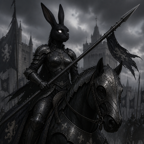 Black bunny woman, knight, uses a war spear or lance, her eyes are glassy white