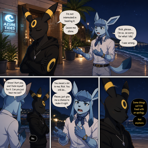 In a anthropomorphic universe, Rick (the non-rich Umbreon male) is ignoring and refuses to look at the Barron (a wealthy male Glaceon) who is trying to apologize for how sorry but Rick won’t buy it. A well-made animated version. A modern life. Outside of a restaurant at the beach at night. Comic.