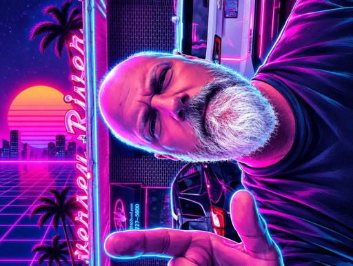 Bearded man reaching toward camera in neon pink and blue retro-futuristic style
