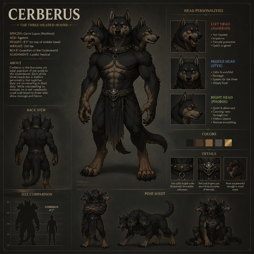 Anthropomorphic Cerberus reference sheet