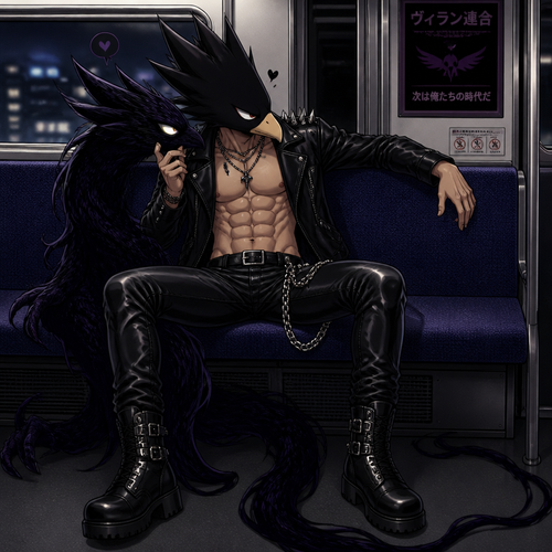 Tokoyami Fumikage wearing leather pants with a chain hanging off the right hip, shirtless showing off 16 pack of abs, and a leather jacket with shirt spikes on the shoulders of the jacket. He is sitting on a train flirting with his quirk Dark Shadow who is male. Anime art style, full body.