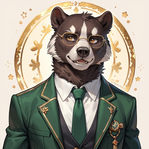 Anthro badger wearing a brown tunxedo with skinny gold lines, with a green tie, and has small circular glasses.