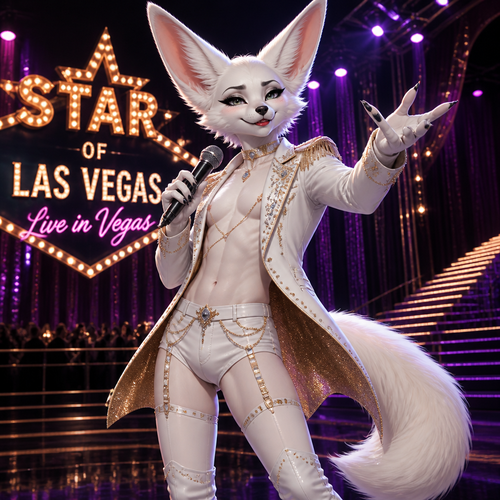 A well-made white furred fennec Fox male, wears something attractive for entertainment for a show to dance/sing. Wears eyeliner and lipstick. Has thin thighs and a bushy tail. A grown femboy anthro. A star in Las Vegas.