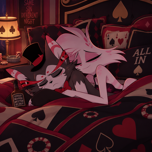 Husker from Hazbin Hotel sleeping on a poker themed bed. Sleeping next to home is Angel Dust from Hazbin Hotel.