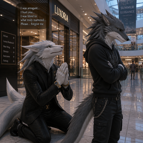An arrogant billionaire male Sergal who came to see and apologizing for the things he did/said by begging forgiveness to an ex-boyfriend male Sergal who’s not rich enough yet unhappy mood while looking away at the mall.