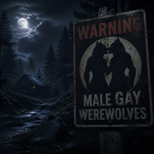 In a middle of a night, A warning sight says; male gay Werewolves. Well-made view.