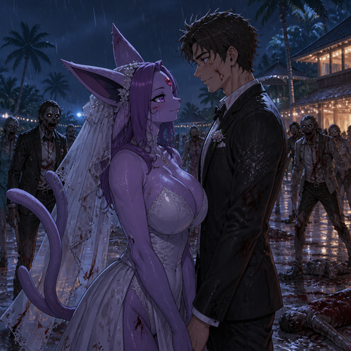 In this reality, at the wedding right before everything was perfect but then after the zombies came crashed and ruined the party became a blood bath. A busty adult female anthro Espeon the bride and her adult human groom as husband and wife stand bye side together and face the living dead at night. A well-made animimated version. A modern life. On a tropical island resort. Gotten all wet by the rain. Love and support each other and happily. Looking at each other with hope and still alive. Side view. 