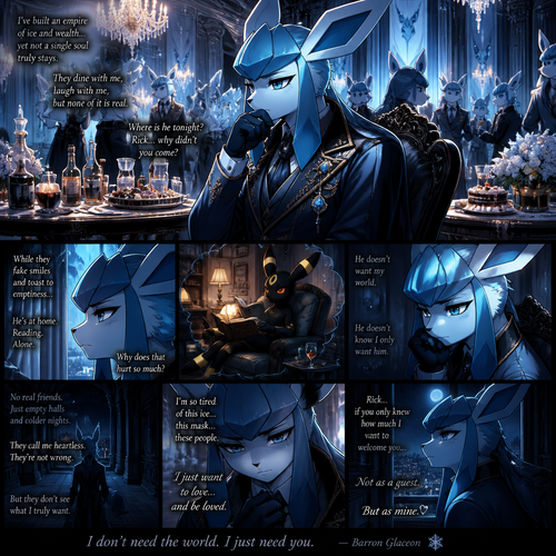 A very wealthy Glaceon (the male Barron) that wonders about a non-rich grown Umbreon male character (named Rick) who’s not coming and stayed at home reading while not around in his welcoming party. There were cakes and snacks also booze on each table. A well-animated version. All Glaceons. Inside the mansion. Has no real friends. Deep grief and loneliness. Wanted to see while thinking about Rick. Too dramatic and serious. Secretly gay and just wanted to love. Dislikes other billionaire lunatics. Heartless or cold hearted. Wanting to welcome and learn to love his Umbreon.