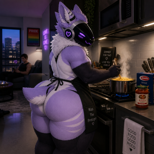 A homosexual fluffy gay Protogen who lives in a modern apartment with his human and waiting while cooking some pasta dinner. Has thick thighs, wide hips, big butt, and has short tail also wears an apron.