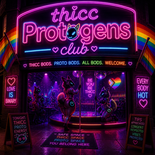 A LGBTQ strip club that says; thicc Protogens club.