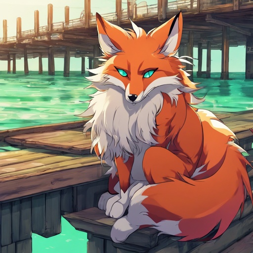 anthromorphic furry is a red-haired fox. The fur and the pier are disheveled, sleepy turquoise eyes with a long emerald, Height 150-160 cm.