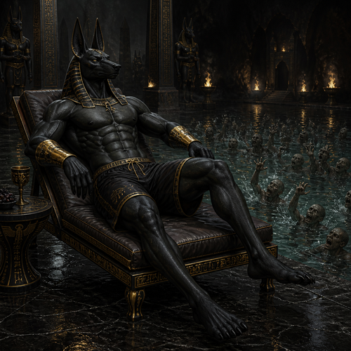 Anubis wearing loose Egyptian style swim trunks, no shirt and golden bracers on both arms. Sitting on a pool chair in the underworld, next to a pool filled with water full of screaming souls. Solo full body