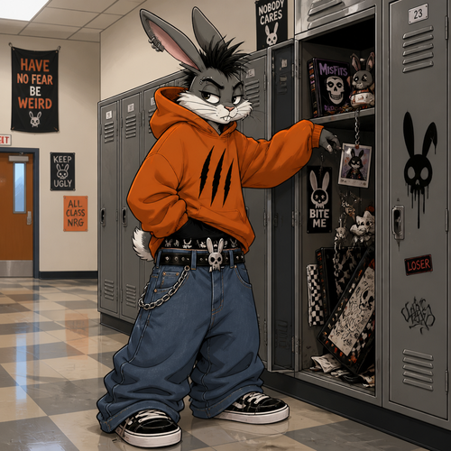 A young male grey and white punk rabbit wearing extremely loose jeans with a belt that has a rabbit skull design, black colored underwear that comes up above the jeans waistline, a oversized orange hoodie with a three slash mark design on the front. He is standing in front of an open locker in the hallway of a High school, the locker doesn’t belong to him but he is rummaging through it. Cartoon art style. Full body