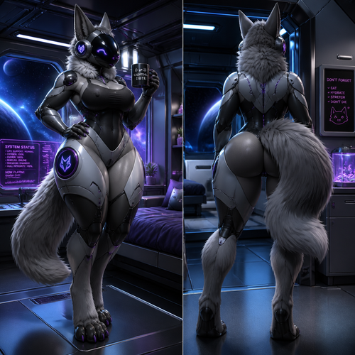A well-made adult female Protogen that has thick thighs, wide hips, and has a good looking body in a space ship where she lives alone in space.  (A good and back view)