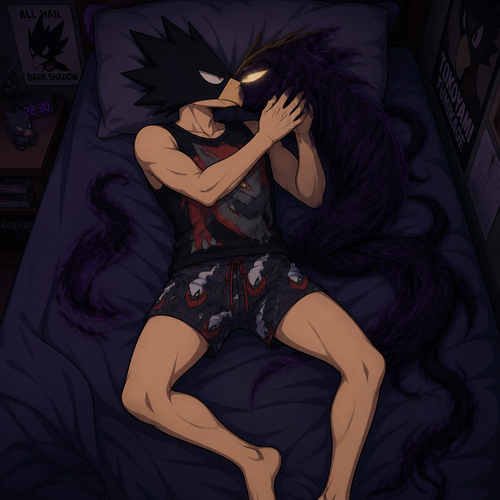 Tokoyami Fumikage wearing Darkrai themed boxers and Zoroark themed sleeveless shirt. He is laying on his back in his bed, kissing his quirk, Dark Shadow. Anime art style, solo, full body.
