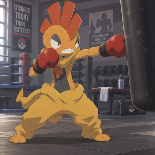 Male Scrafty at a gym practicing boxing. Anime art style, full body.