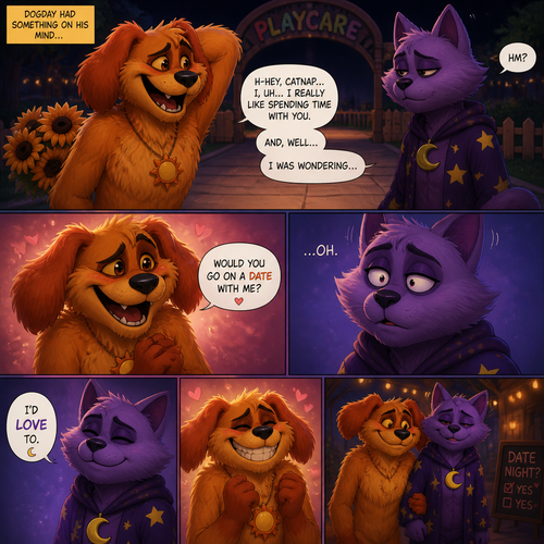 In a anthropomorphic smiling critters universe. DogDay the grownup fluffy doggo has a crush on CatNap (the grown pretty sleepy kitty cat) and asks for on a date. A well-made animated version.