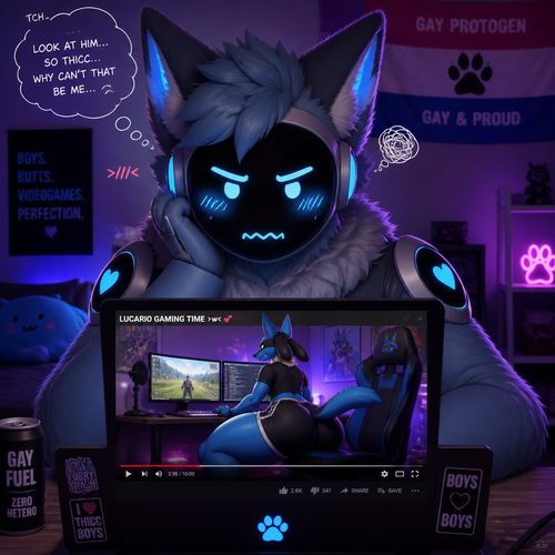 A jealous fluffy gay male Protogen, who uses his laptop and see a video of a male gay Lucario with thick thighs and buttocks playing a game on PC. Animated verse. Front view. 
