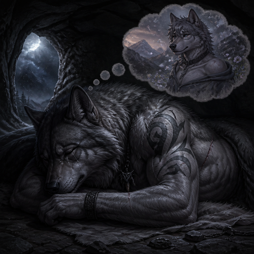 A well-made big and strong alpha male grey wolf tribal adult who is very sad and alone in a cave, sleeping yet sob a little, and dreaming in thoughts of how much he misses his ex-mate the grown femboy omega male grey wolf tribe despite his regrets and never forgave his father the alpha male in his sleep.