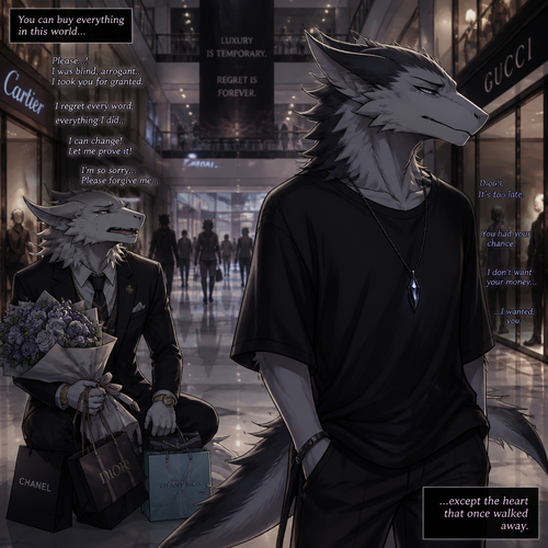 An arrogant billionaire male Sergal who brought gifts and flowers for an apology for the things he did/said by regret while begging forgiveness to an ex-boyfriend male Sergal that wears a necklace who’s not rich yet unhappy with a broken heart while looking away to ignore while walking away at the mall. A sad ending anime. (The Barrons and billionaires even trillionaires can not be trusted)