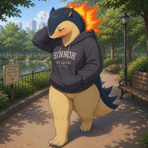 A well-made anthro Pokemon character, Typhlosion. Both blushing and embarrassed while walking around the park.