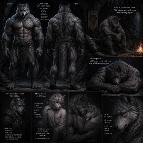 The well-made big and buff alpha male grey wolf tribe at front/rear view who lives in a cave all alone with no pack and misses his ex-mate (a grown male femboy fuzzy omega grey wolf tribe) sadly depressed and have regrets also is nothing like his arrogant father the alpha.