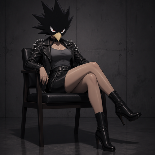 Female Tokoyami Fumikage wearing leather skirt, grey tank top, leather jacket with short spikes and black high heeled boots. Sitting on a chair with her legs crossed and a glare on her face. Anime style, solo, full body.