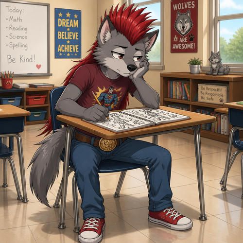 A elementary school aged male grey wolf wearing blue jeans with leather belt that has a cowboy belt buckle, tight maroon shirt with a superhero in it, red sneakers, and a red Mohawk hairstyle with the hair in the back going to the small of his back. He is sitting at a desk bored doodling in his notebook. Anime art style, full body.