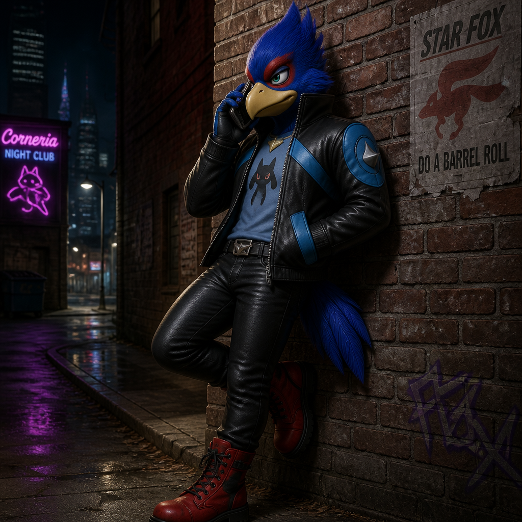Falco Lombardi wearing a Lucario style leather jacket with a Riolu style shirt underneath it, tight black leather pants and red combat boots. He is leaning against a brick wall talking with someone on his cellphone.