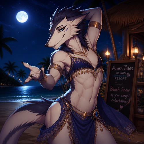 A homosexual adult male Sergal, doing a belly dancer, has good hips and a pretty smile, wears eyeliner, at the beach at night, and works at a resort on the island. Giving a flirting look. In an animated verse. A hidden bulge.