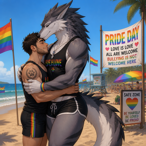 A well-made homosexual gay Sergal (male character) that wears tank-top and shorts that also has thick thighs and long tail is hugging and kissing in a man’s forehead on pride day where no any bully that bullies are not welcomed on a safe zone of a beach.