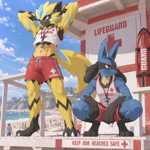 Male Zeraora wearing a lifeguard uniform. Standing on top of a lifeguard tower at a beach stretching letting a bit of abs show. Next to him is a male Lucario squatting in his lifeguard uniform causing the trunks to tighten on his legs. Anime art style, full body.
