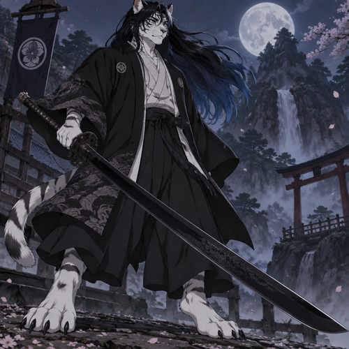 male white tiger anthro, long black hair  with blue tips, blue eyes, digitigrade footpaws, inuyasha style, black odachi, black Haori
