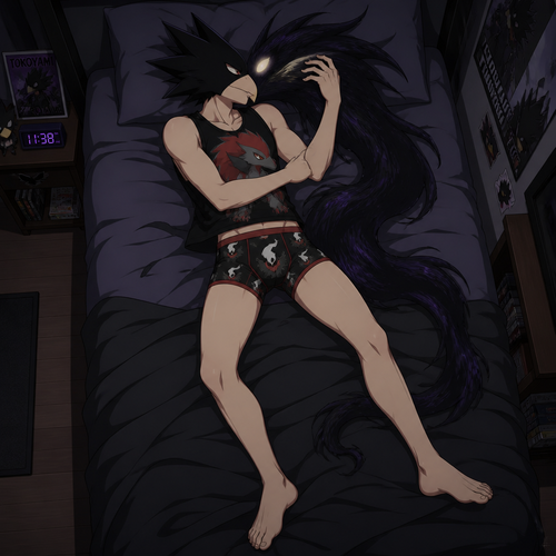Tokoyami Fumikage wearing Darkrai themed boxers and Zoroark themed sleeveless shirt. He is laying on his back in his bed, kissing his quirk, Dark Shadow. Anime art style, solo, full body.