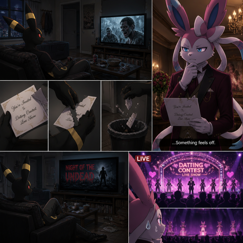 In a anthro Pokemon universe. A grown non-rich Umbreon male who lives in a apartment alone who’s ripped the envelope that says; your invited to dating contest live show; from the grown wealthy Sylveon male (the Barron) and then put it on a trash while continues to watch a zombie horror movie on television, while the Barron feels something is not right and didn’t shown while the live show starts. A well-made animated modern life version.